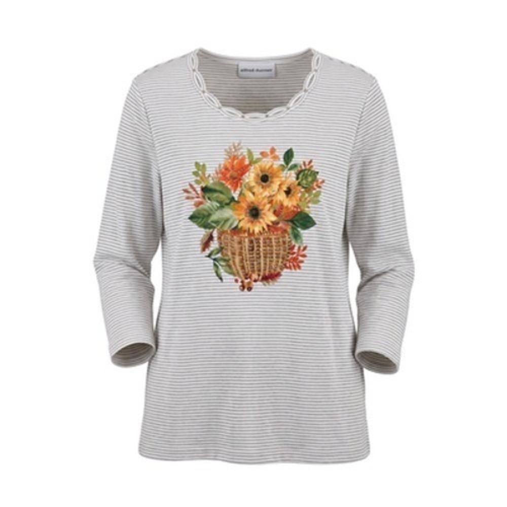 Alfred Dunner Shirt Women Petite PS Stripe Sunflower Grandmacore Mom Casual Tee